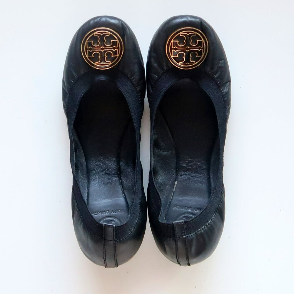 Tory Burch Black Leather Round Toe Ballet Flats Gold Logo Classic Designer Shoes - Picture 3 of 16